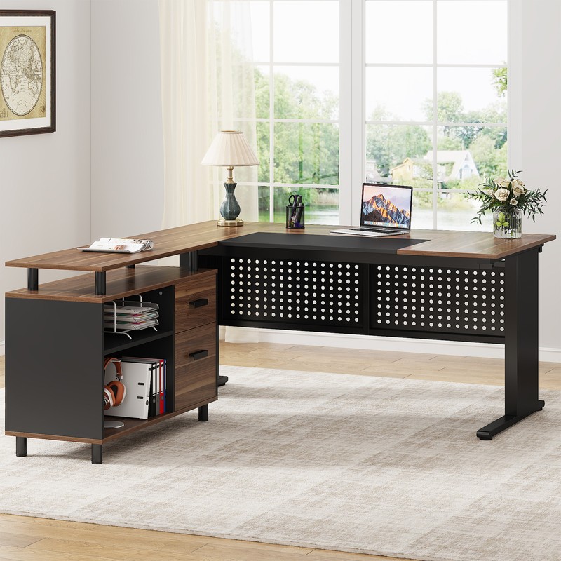 Modern Executive Desk with File Cabinet, L Shaped Office Desk w/ Storage Shelves gallery