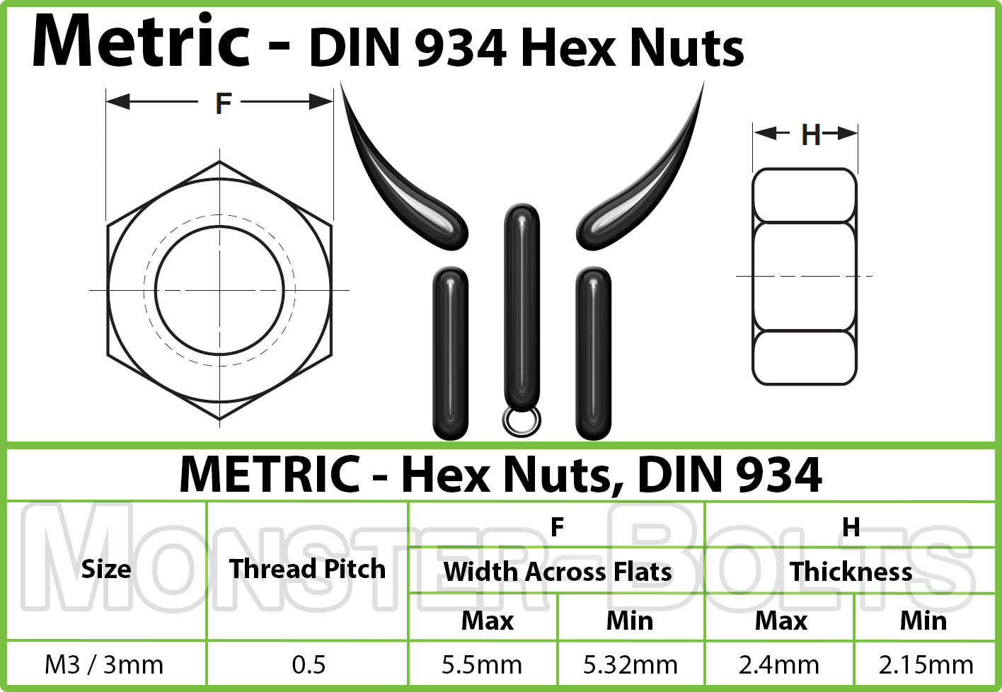 M3-0.50 Metric Hex Nuts, Class 10 Steel w/ Plain Finish DIN 934, Coarse Thread gallery