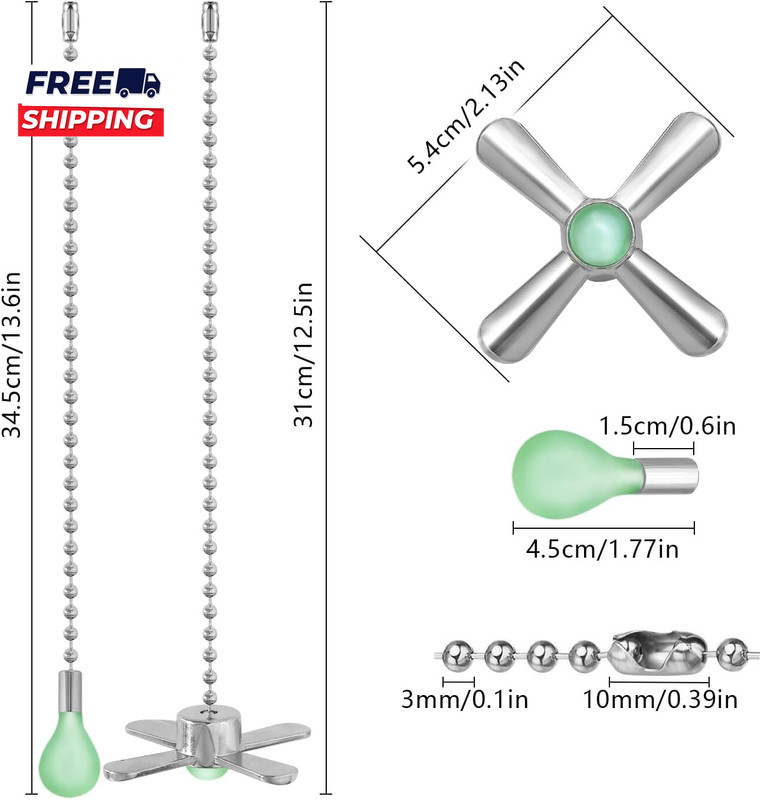 Silver Ceiling Fan Pull Chain Set, 2Pack 3Mm Diameter Beaded Fluorescent Decorat gallery