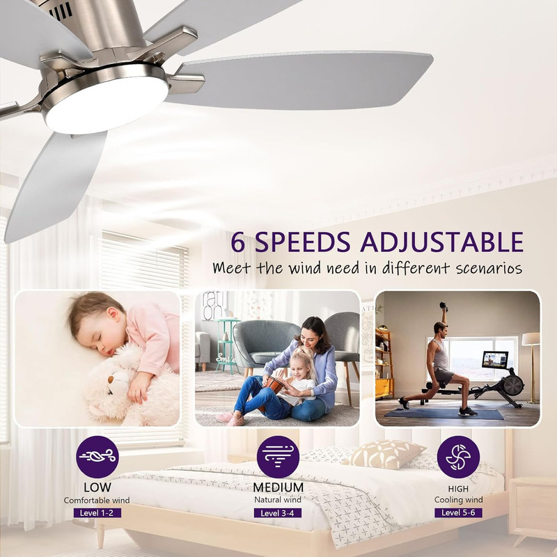 52 Inch Ceiling Fans with Lights, Flush Mount Ceiling Fan with Light and Remote/ gallery