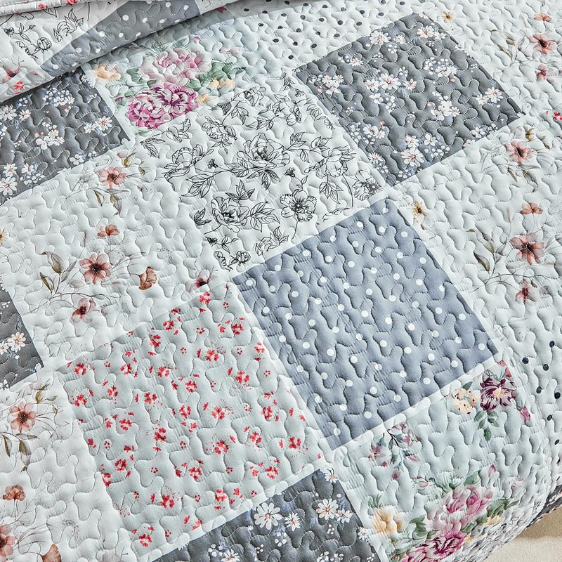 Patchwork Quilt Set California King Size,3 Pieces Gray White Pink Floral Plai... gallery