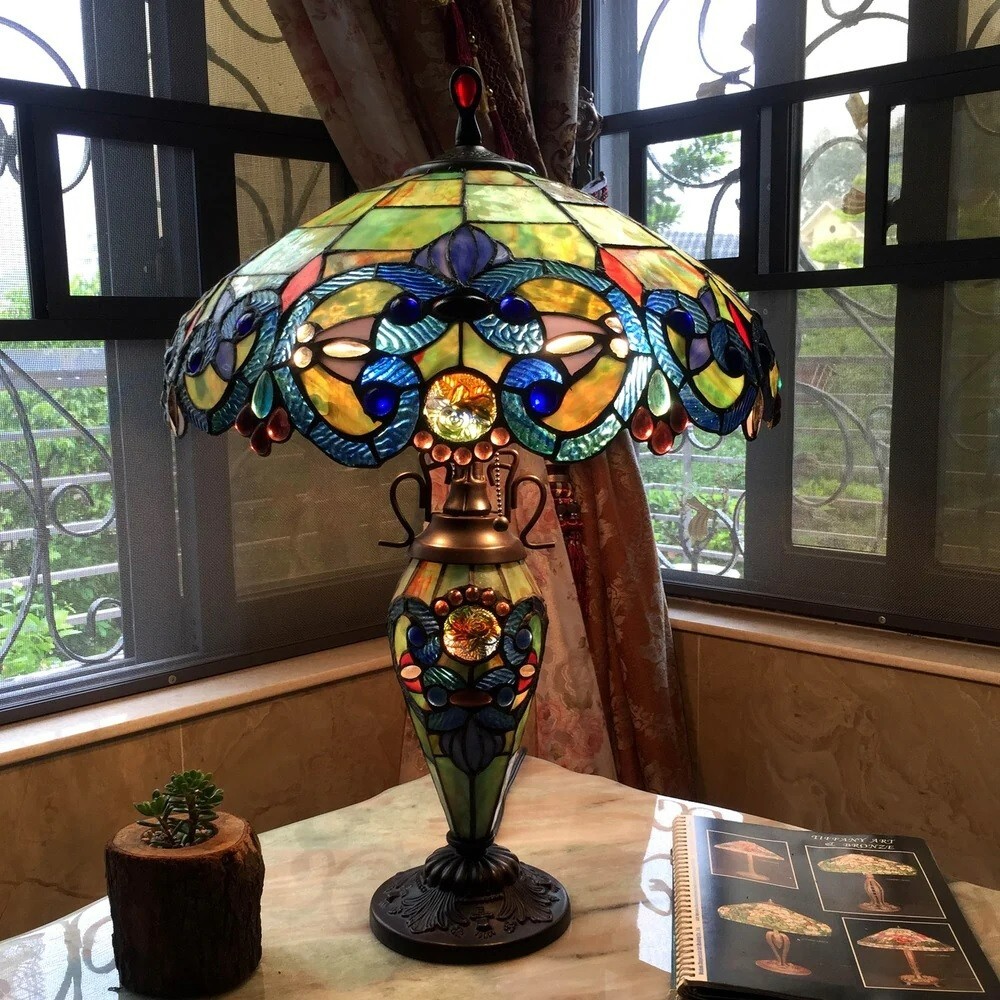 Teal Green Lamp Tiffany Table Style Stained Glass Desk Light Accent Home Decor gallery