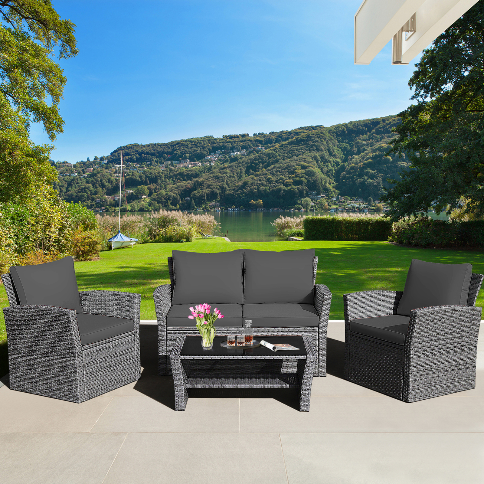 4PCS Patio Rattan Conversation Set Outdoor Furniture Set w/ Grey Cushions gallery