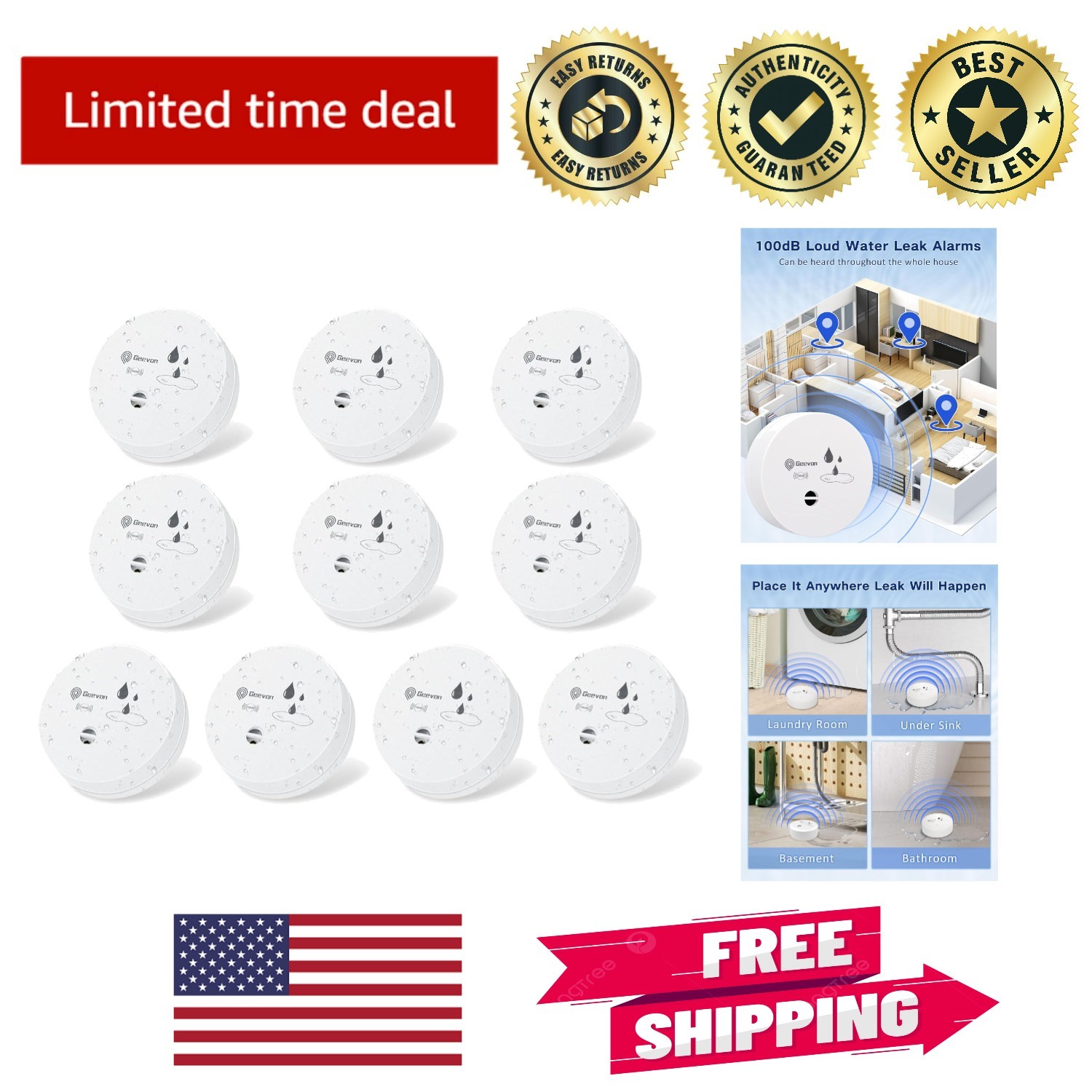 Indoor Water Leak Alarm System - 2 Pack 100dB Detectors for Complete Coverage gallery