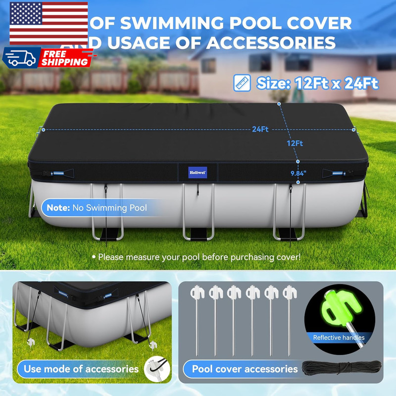 12X24 Ft Rectangular Pool Cover with Reflective Strips for above Ground Pool gallery