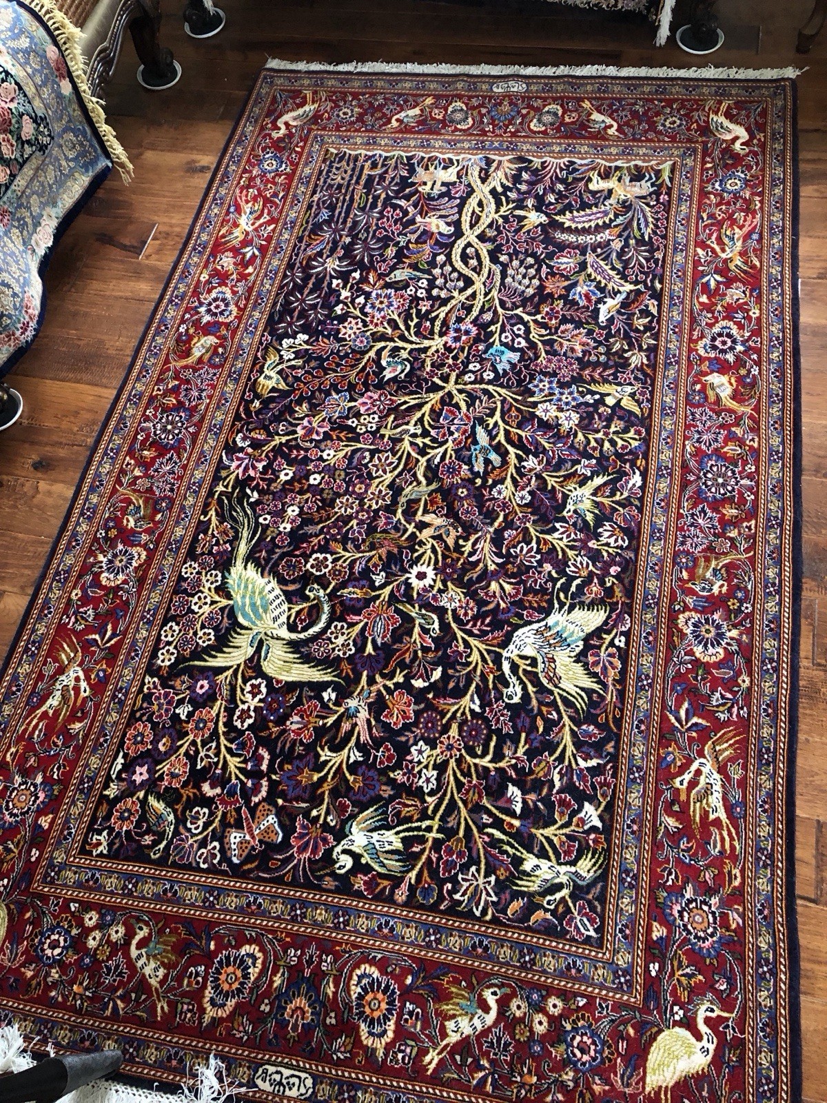 Rug Floral & Birds Pattern, Red Border Navy Field Multicolor gallery