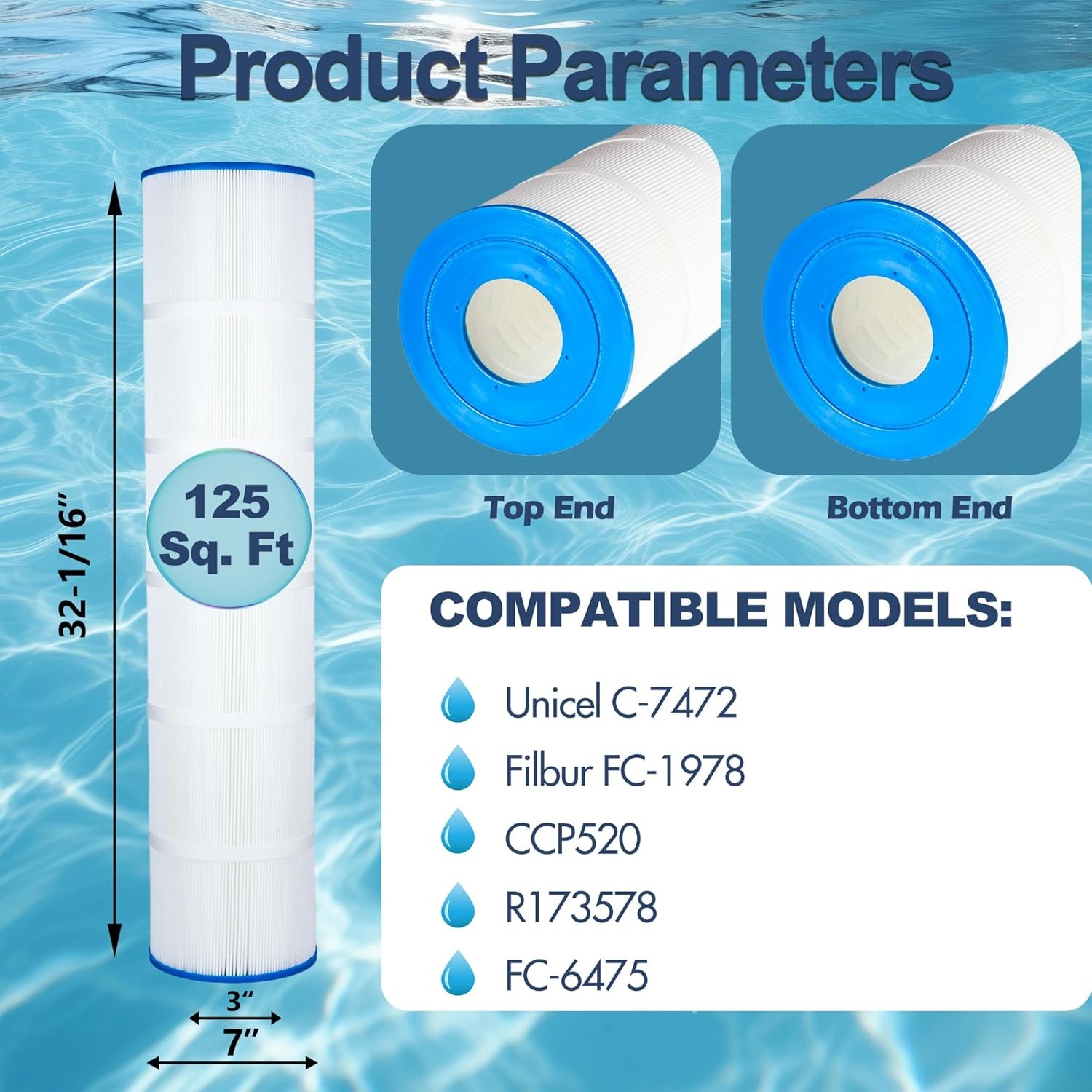 PCC130 Pool Filter Cartridges, 4 x 125 sq ft Replaces CCP520, 32"x7", 4 Pack gallery