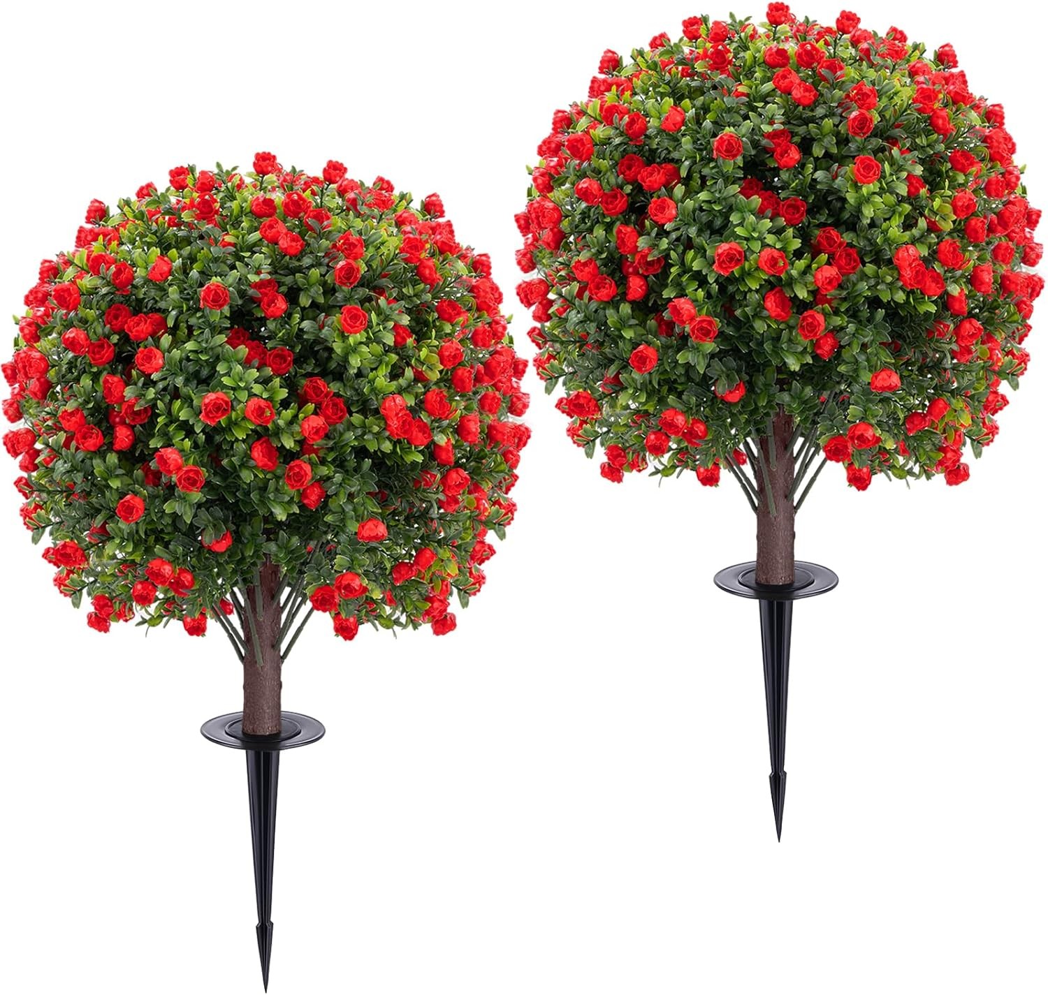 2 Pack Artificial Red Rose Topiary Ball Tree 26" with Ground Spikes UV Resistant gallery