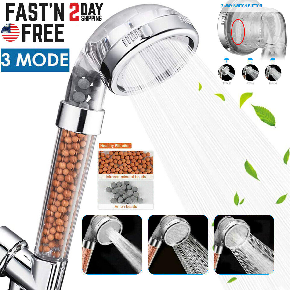 High Turbo Pressure Shower Head Bathroom Powerful Energy Water Saving Filter US gallery