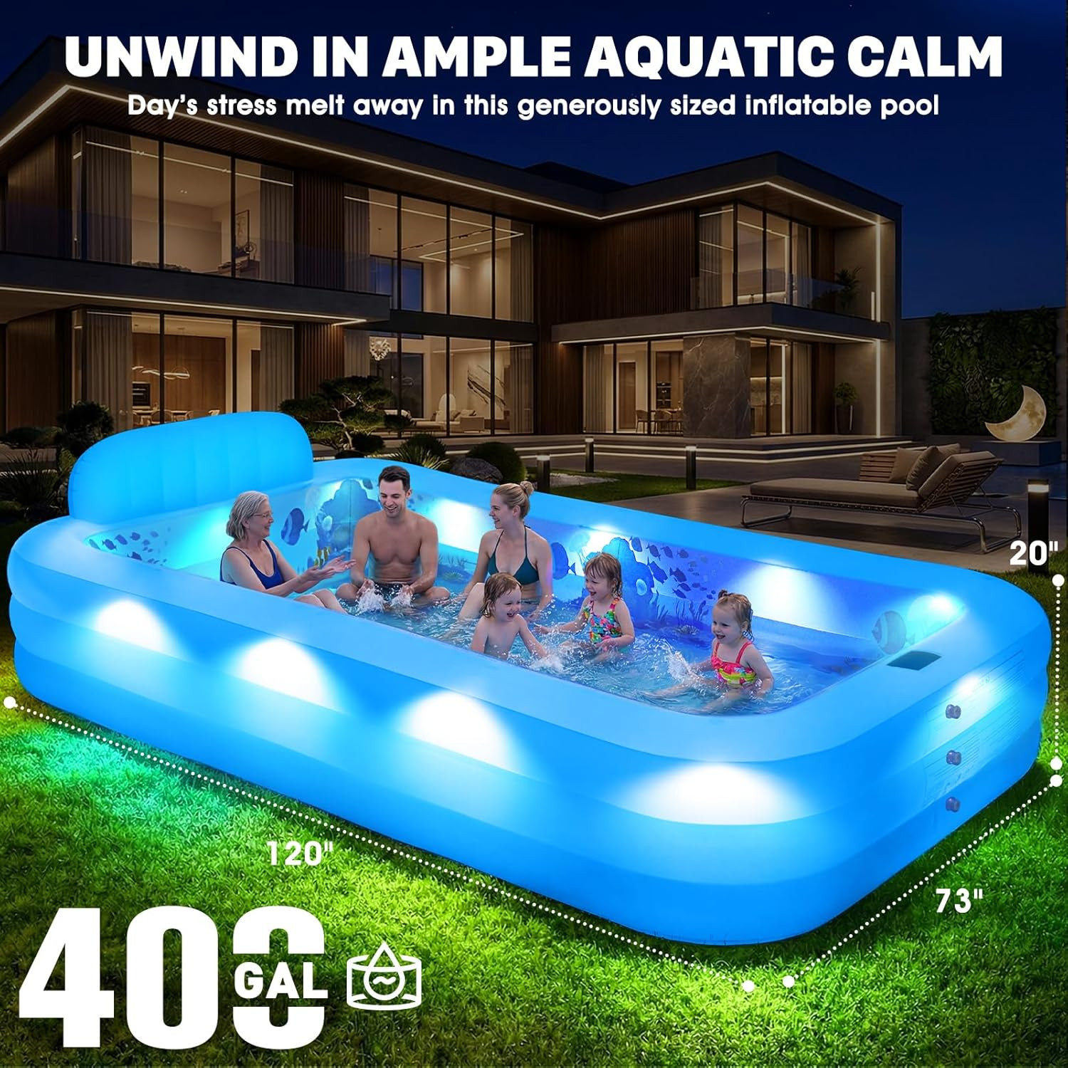 XL Solar Inflatable Pool with Lights & Backrest for Family Fun gallery