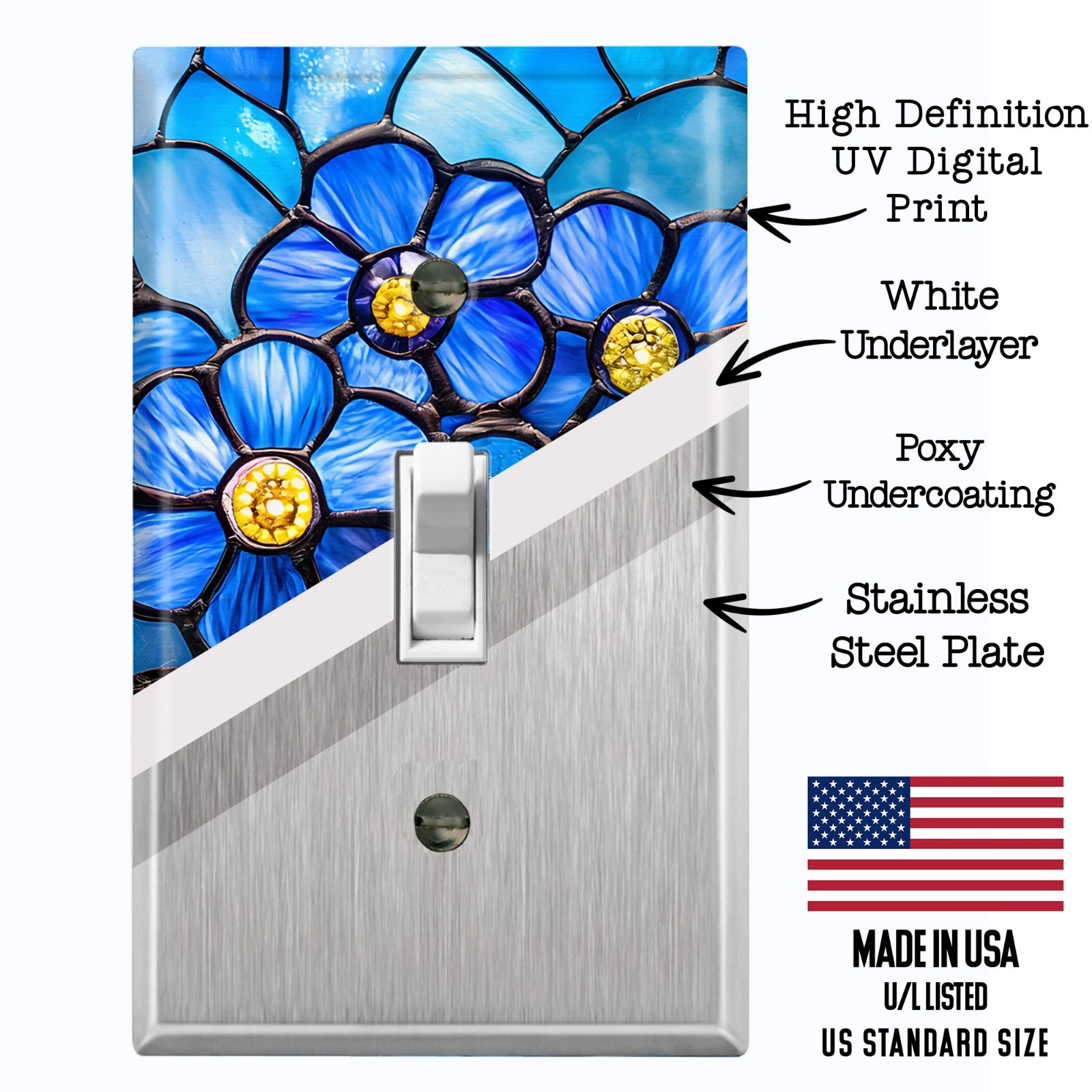 Metal Light Switch Outlet Cover Wall Plate Blue Daisy Stained Glass PRINT FWR295 gallery
