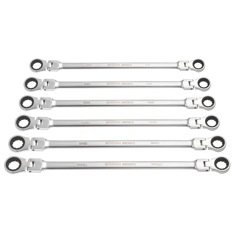 6PC Extra Long Flex Head Ratcheting Wrench set Double Box End Metric 8-19 Pouch gallery