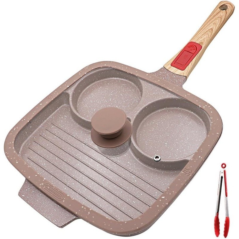 3 Section Ceramic Egg Pan Non Stick Detachable Handle Tempered Glass Lid Cooking gallery