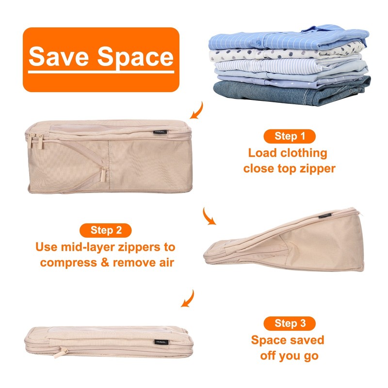 Compression Packing Cube 26x12x13cm Travel Luggage Organizers Bag Beige gallery