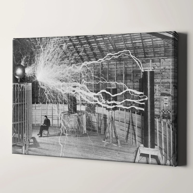 Nikola Tesla Reading With Electric Generator 1900s Canvas Print Wall Art gallery