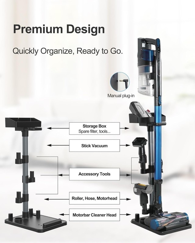 28" Cordless Vacuum Stand | Universal Stick Vac Dock, 7 Accessory Holders, Black gallery