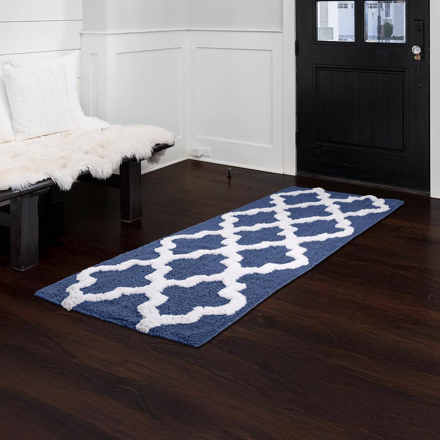 Navy White Trellis Cotton Bathroom Mat Runner 24x60 Lavish Home 67-0029-N gallery