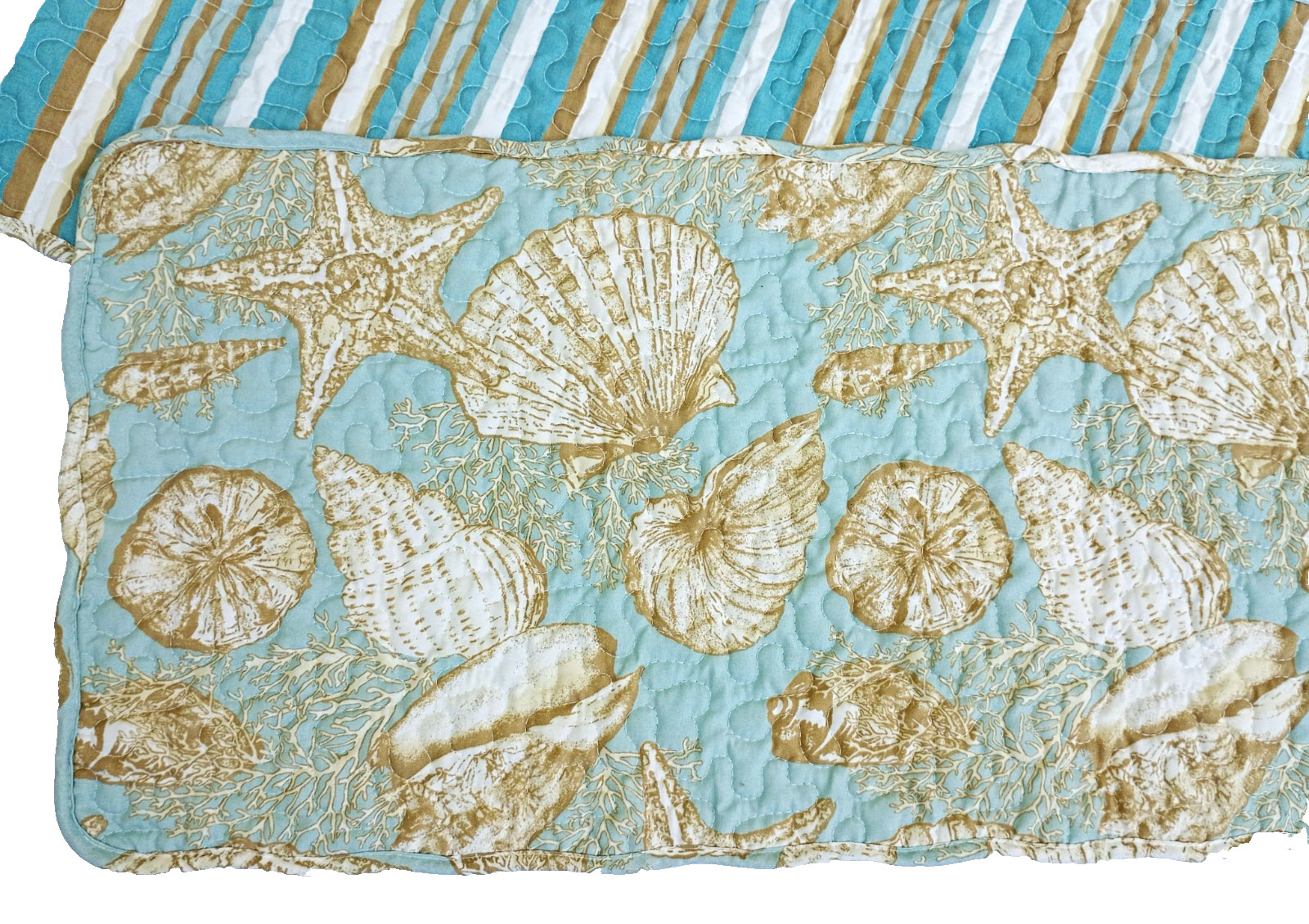 Quilted Table Runner Seashells Reversible Cotton Turquoise Blue Beige Beach gallery