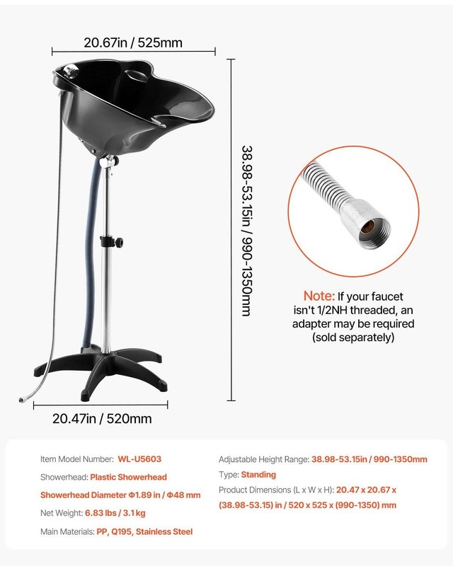 Adjustable Height&Angle Portable Shampoo Bowl with Drain Hose&Shower Head Black gallery