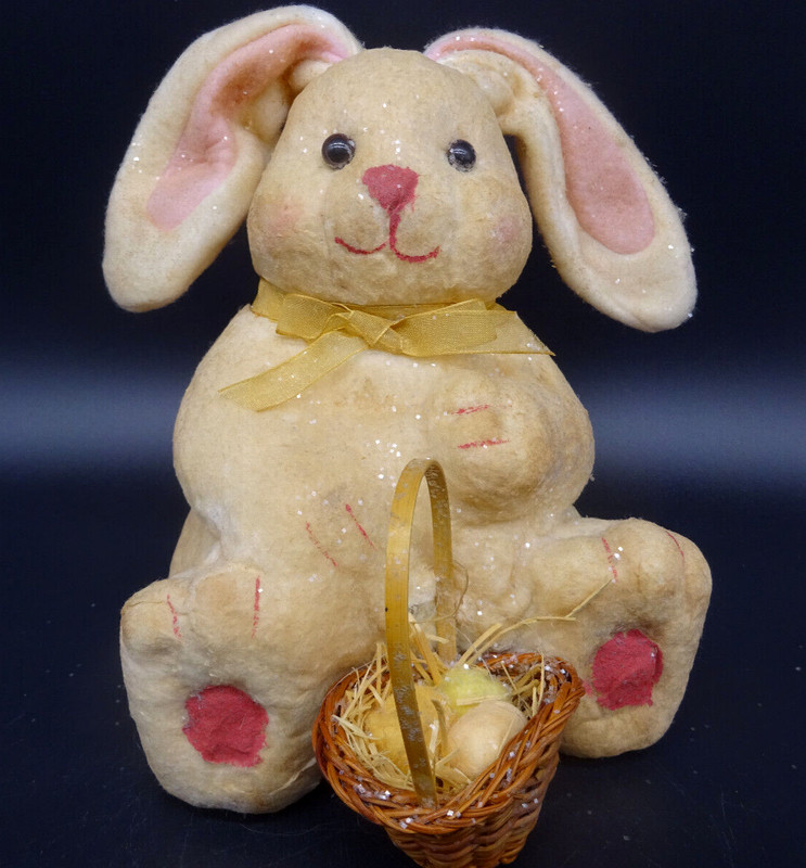 Bunny Rabbit Holding Easter Eggs in Basket 11" Figurine Cloth Covered Vintage gallery