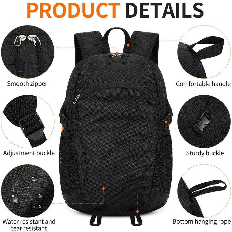 15L Black Small Hiking Backpack Travel Lightweight Packable Foldable Daypack 5
