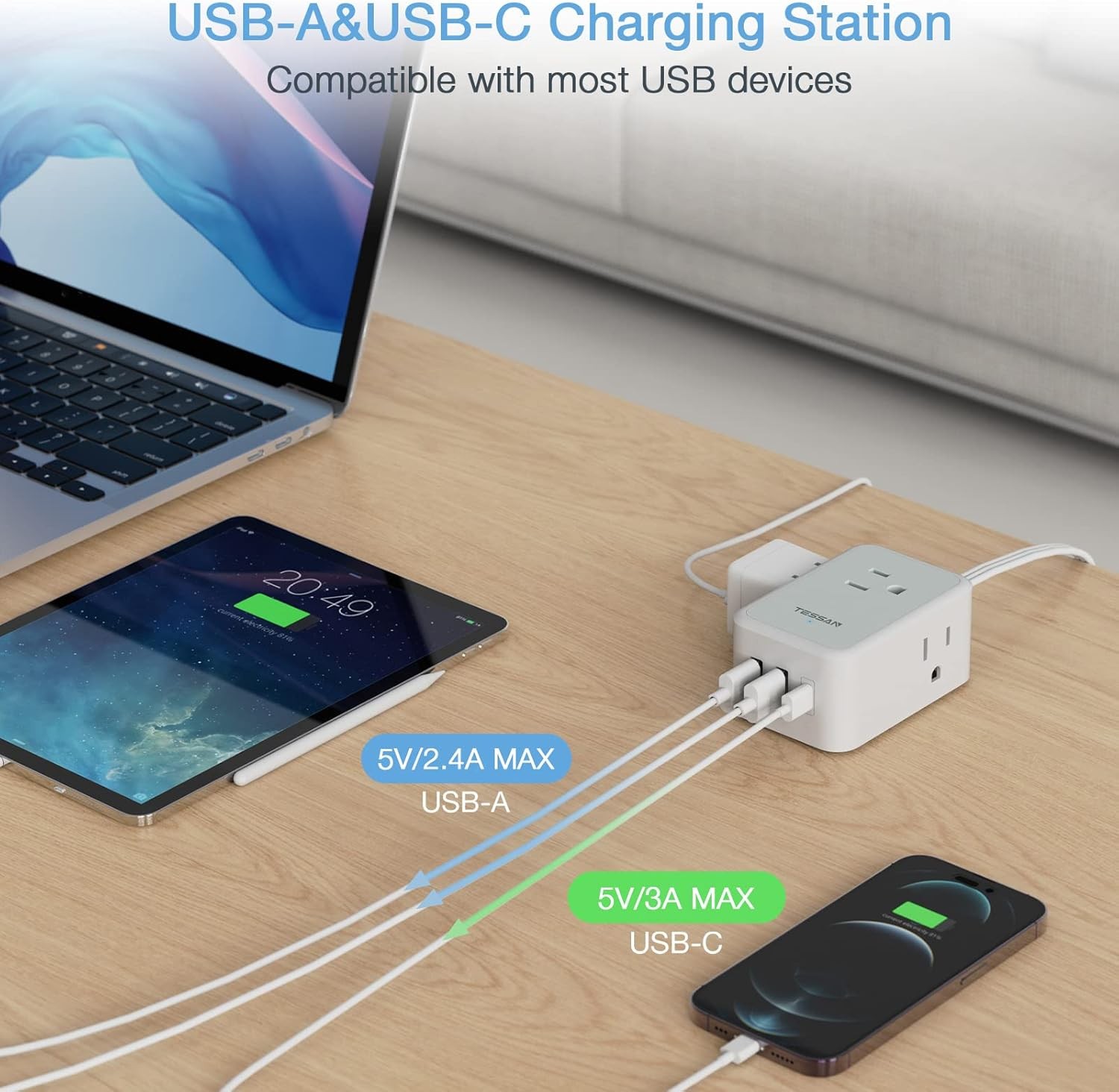 Flat Plug Power Strip with 3 USB Charger (1 USB C) 3 Outlet Extension Cord 10 FT gallery
