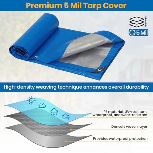 8' x 10' Waterproof Tarps 5 Mil - Multipurpose Poly Tarpaulin with 8x10ft Blue gallery