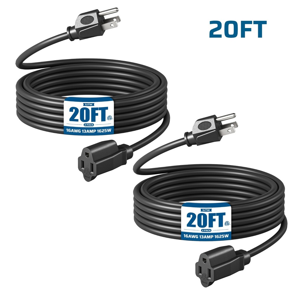 DEWENWILS 2-Pack Heavy Duty Extension Cord, 13A 1625W, All Copper Wire, Black