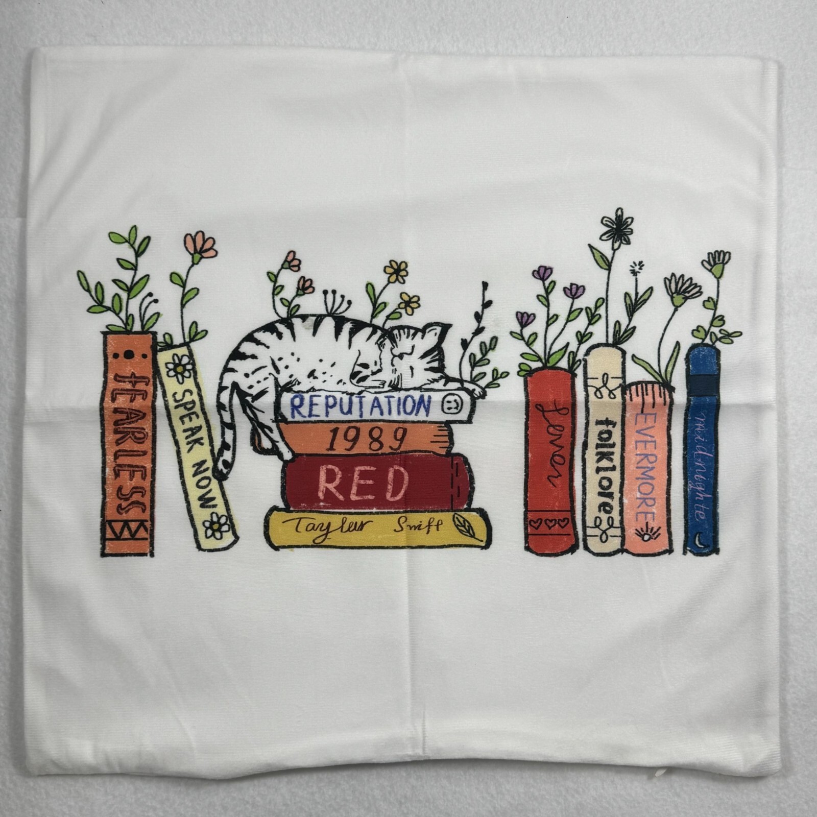 Cat Napping On Books - Throw Pillow Cover 18"x18" White w/ Floral Design gallery