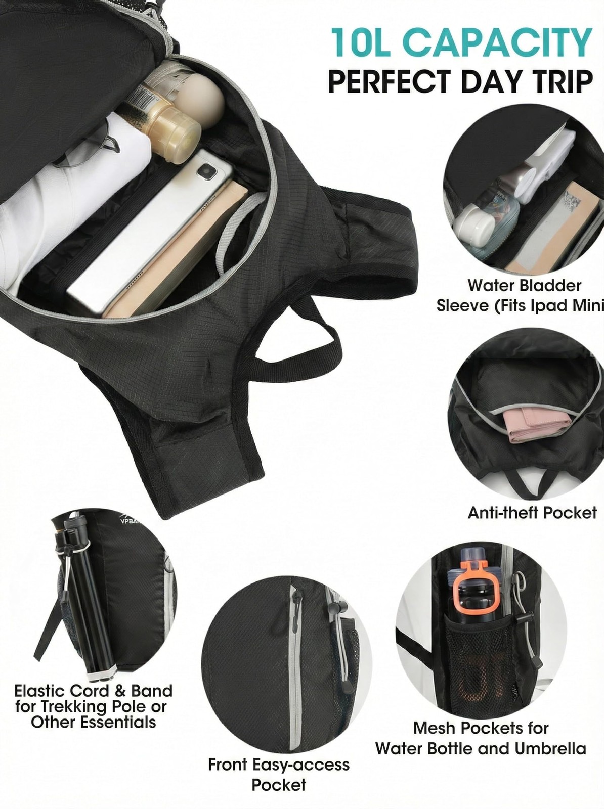 Foldable Small Hiking Backpack with 3 Strap Pockets – Lightweight 300D Spill-... 4