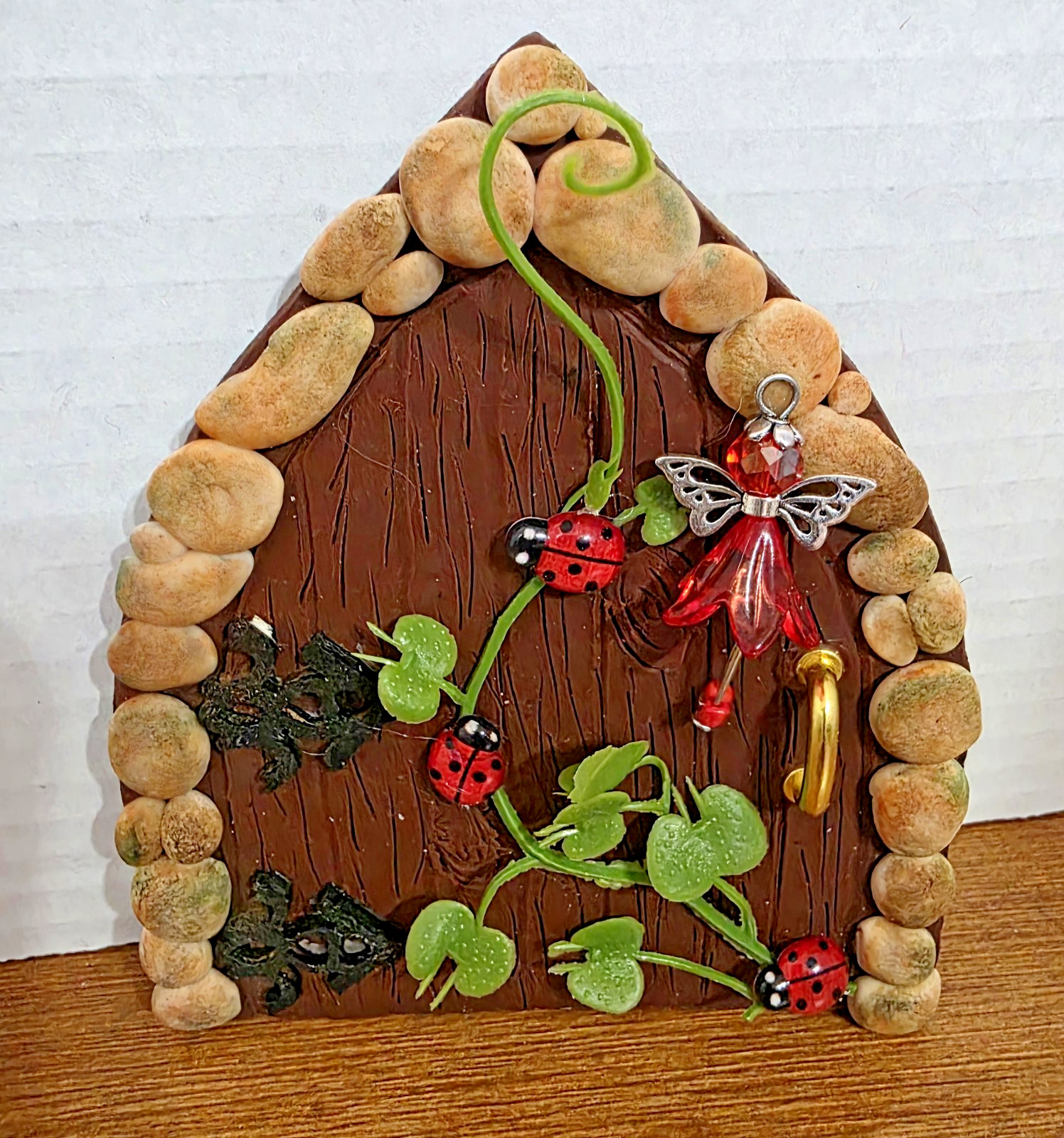 Handcrafted Polymer Clay Over Reclaimed Cedar Shingle Features Ladybugs & Fairy gallery