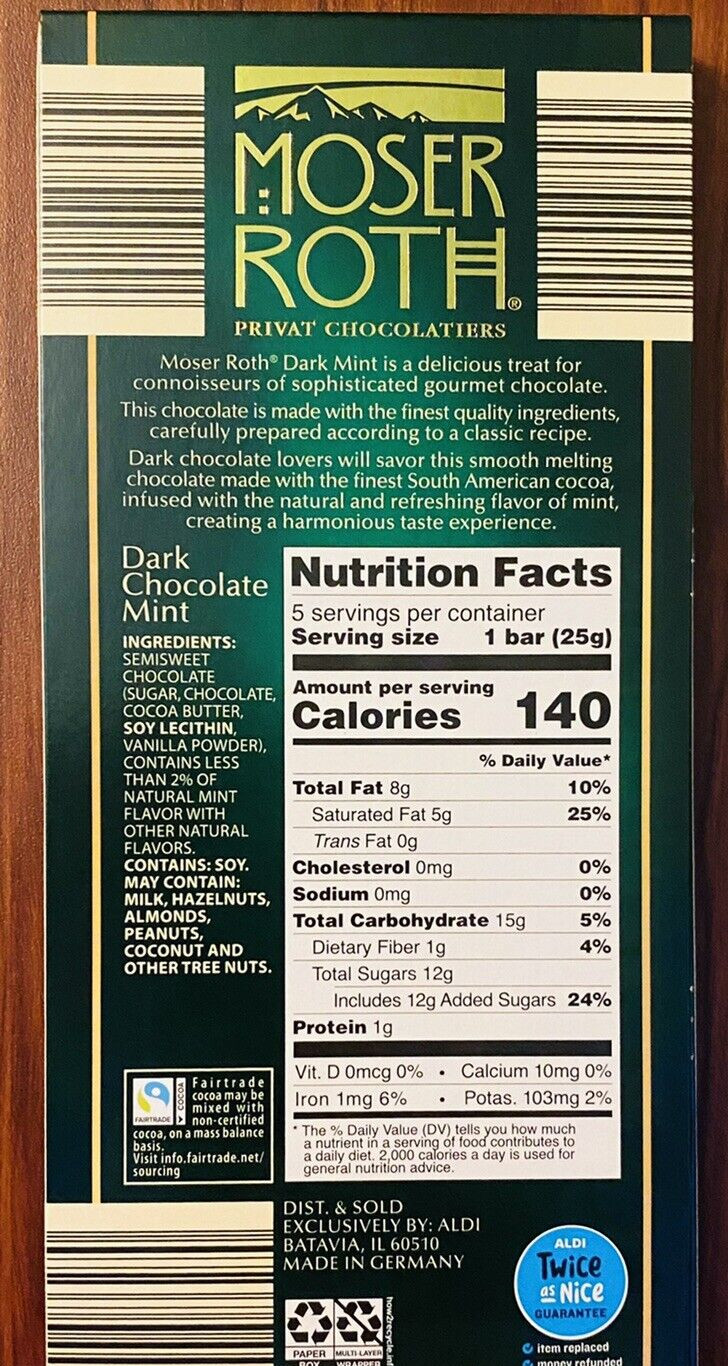 **NEW** ( 1 ) MOSER ROTH PREMIUM CHOCOLATE DARK MINT 5-BAR 4.4-oz PACK NEW gallery