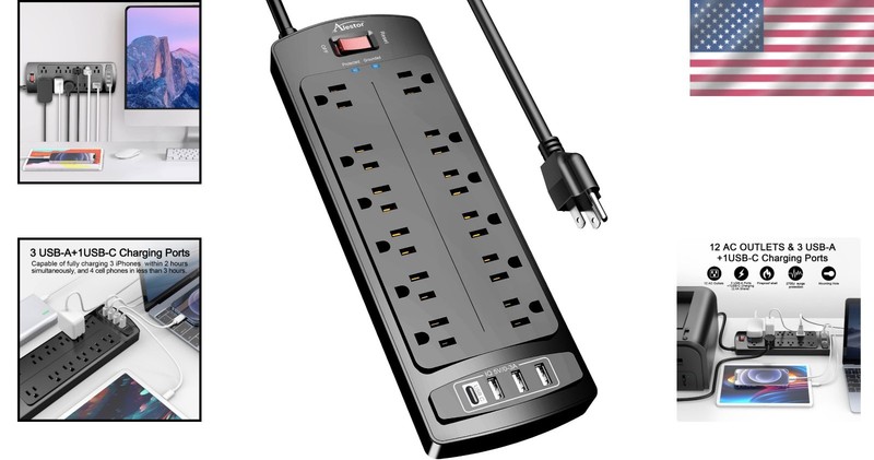 Advanced 12 Outlet Surge Protector with 4 Smart USB Ports - 2700 Joules Safety gallery