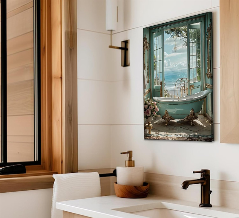 Blue Ocean Theme Bathroom Canvas Wall Art Vintage Teal Bathtub Picture Wall Deco gallery