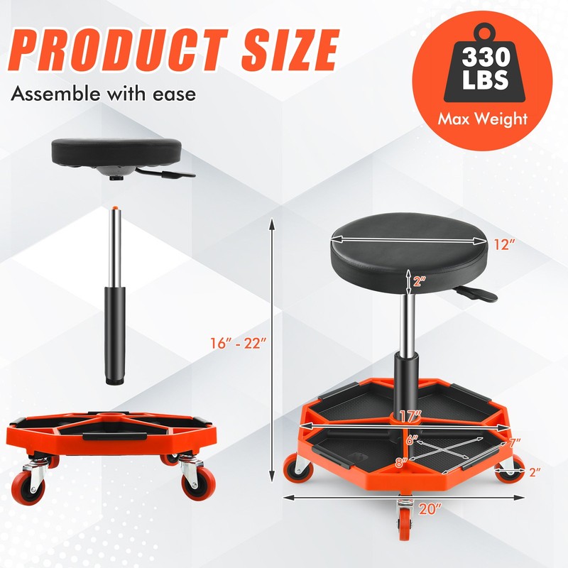 Rolling Stool Roller Chair w/Adjustable Height&330 LBS Weight Capacity Black Red gallery