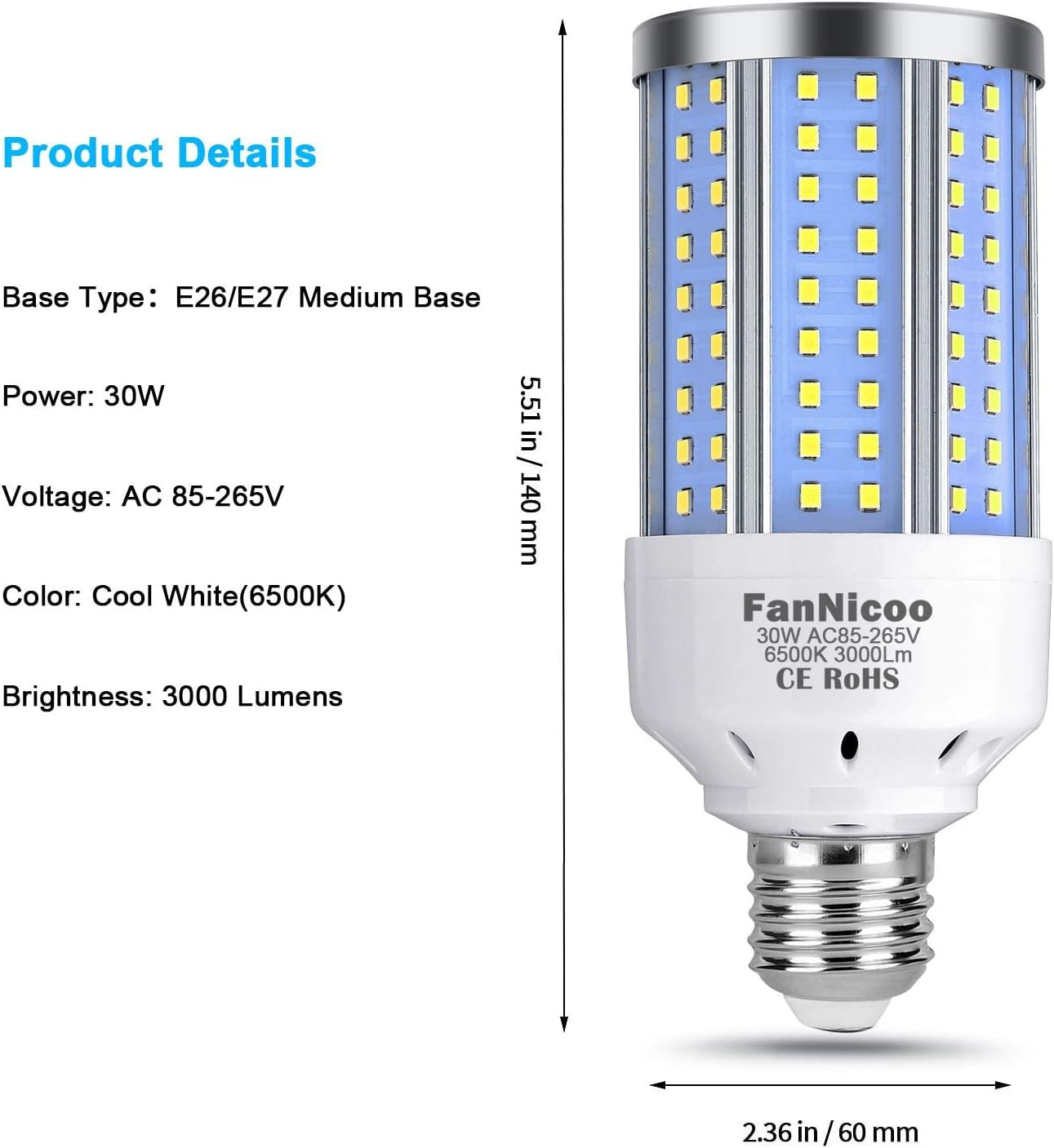 2-Pack 200W Equivalent LED Corn Light Bulb 3000 Lumen 6500K Cool White Daylight gallery