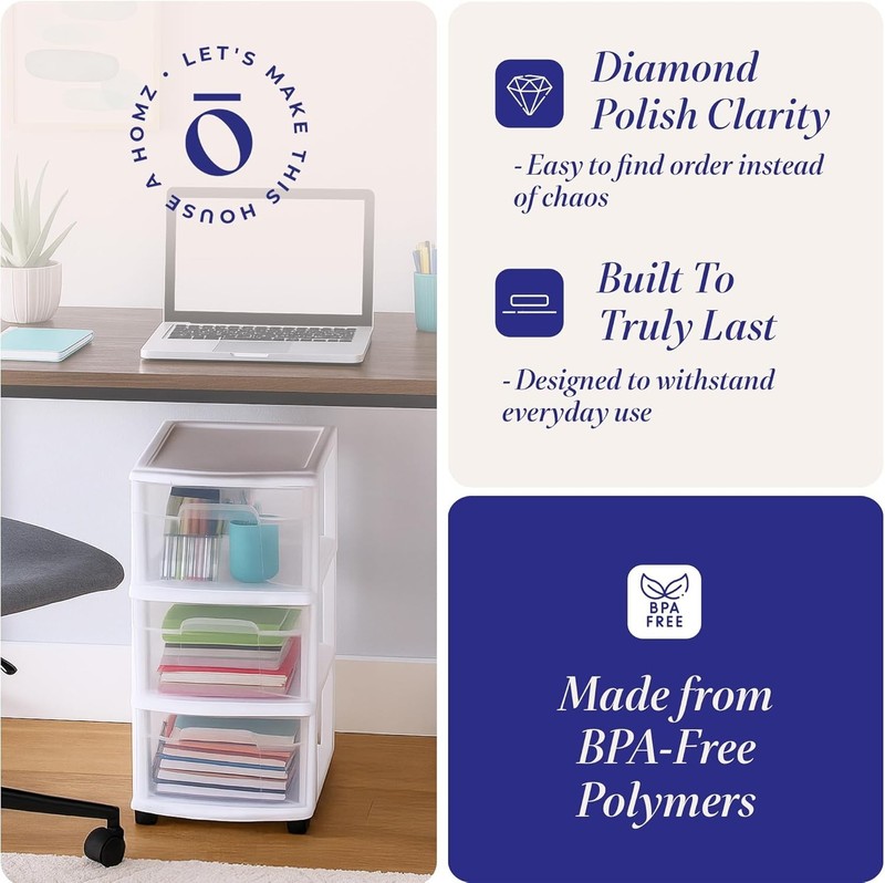 Drawer Tower, 3-Tier Rolling Storage Cart with Removable Wheels, White Frame ... gallery
