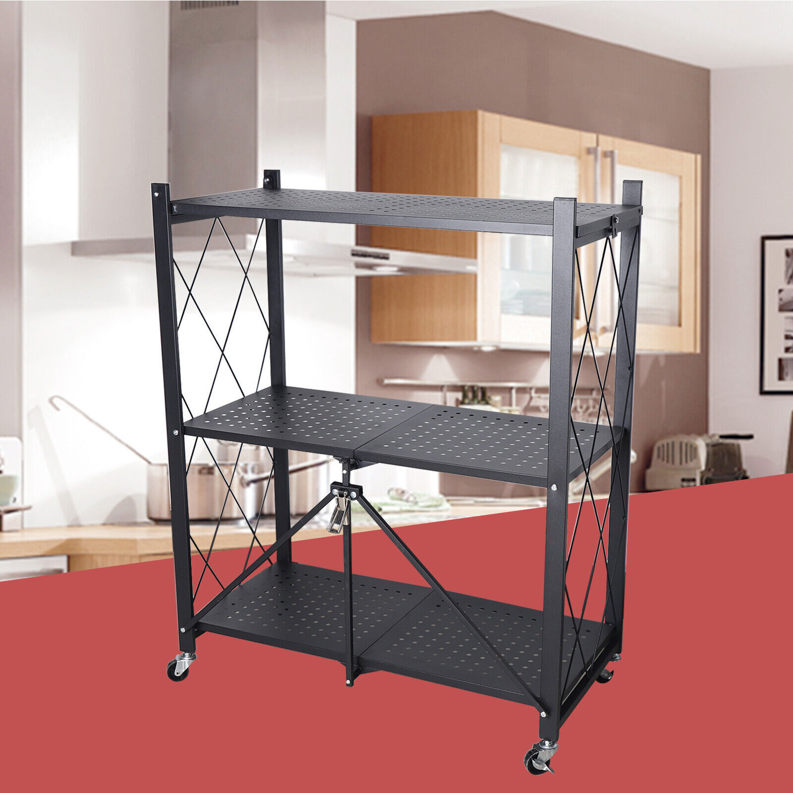 Foldable 3-Tiers Metal Storage Rack Shelves Kitchen Storage Organizer Home Stand gallery