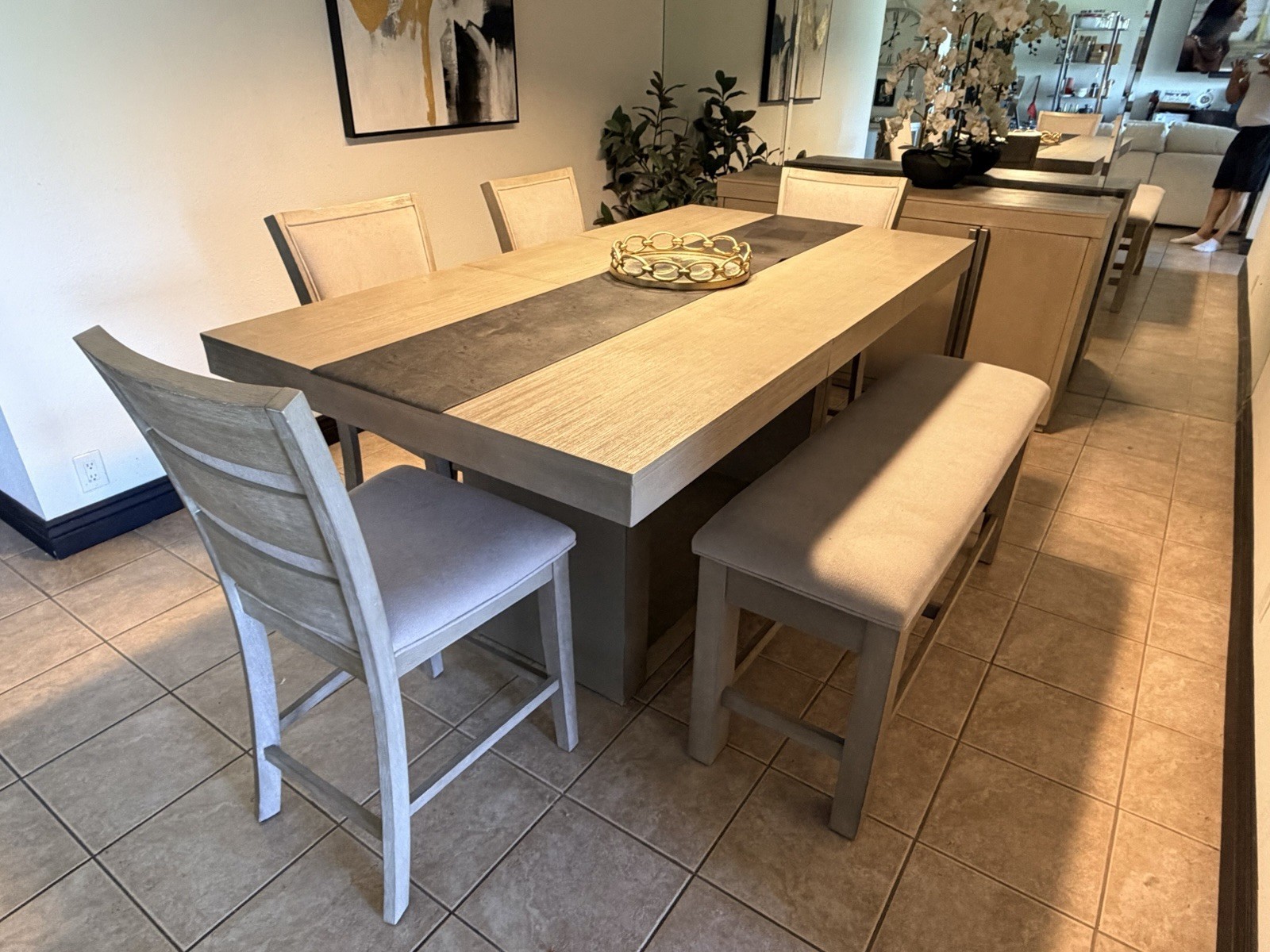 7-Piece Dining Set Table, 4 Chairs, Storage Bench, Sideboard Beige/Gray gallery