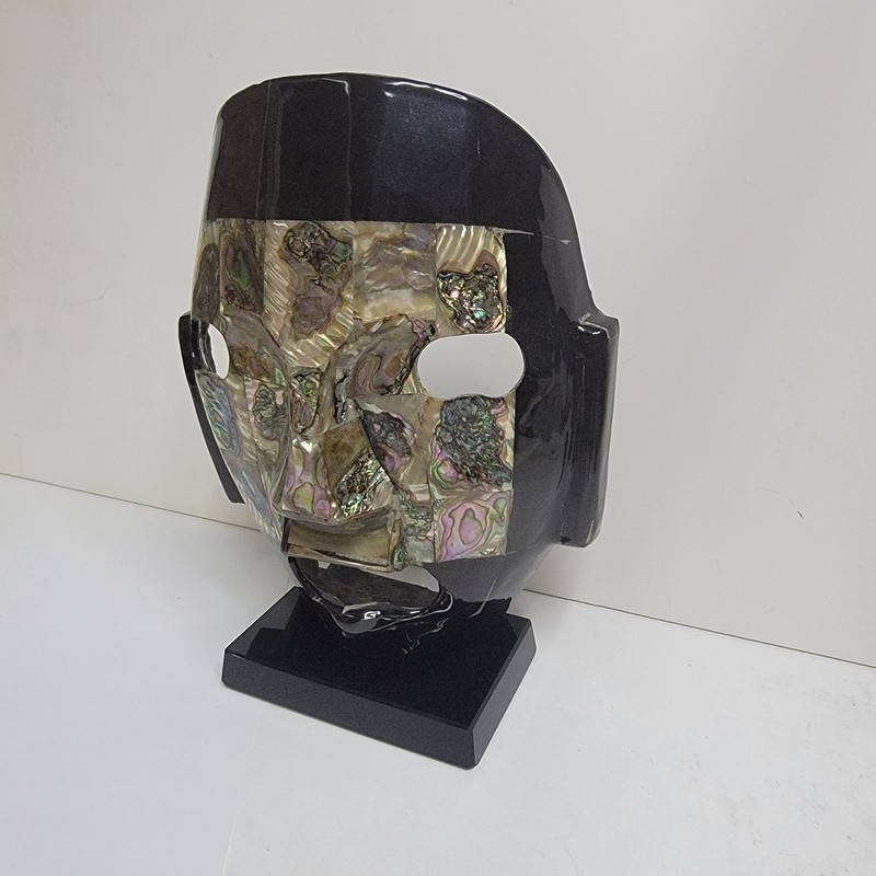 MCM Black Obsidian & Abalone Shell Inlay Mask Sculpture on Black Weighted Base gallery