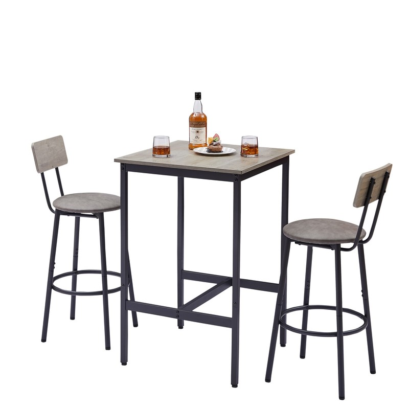 Bar Table Set with 2 Bar Stools PU Soft Seat with Backrest - Rustic Grey gallery