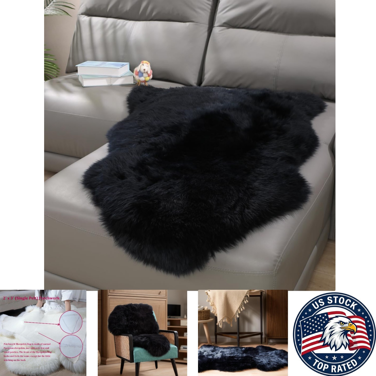 Genuine Sheepskin Rug 2ft x 3ft | Luxurious Fluffy Black Carpet for Living Room gallery