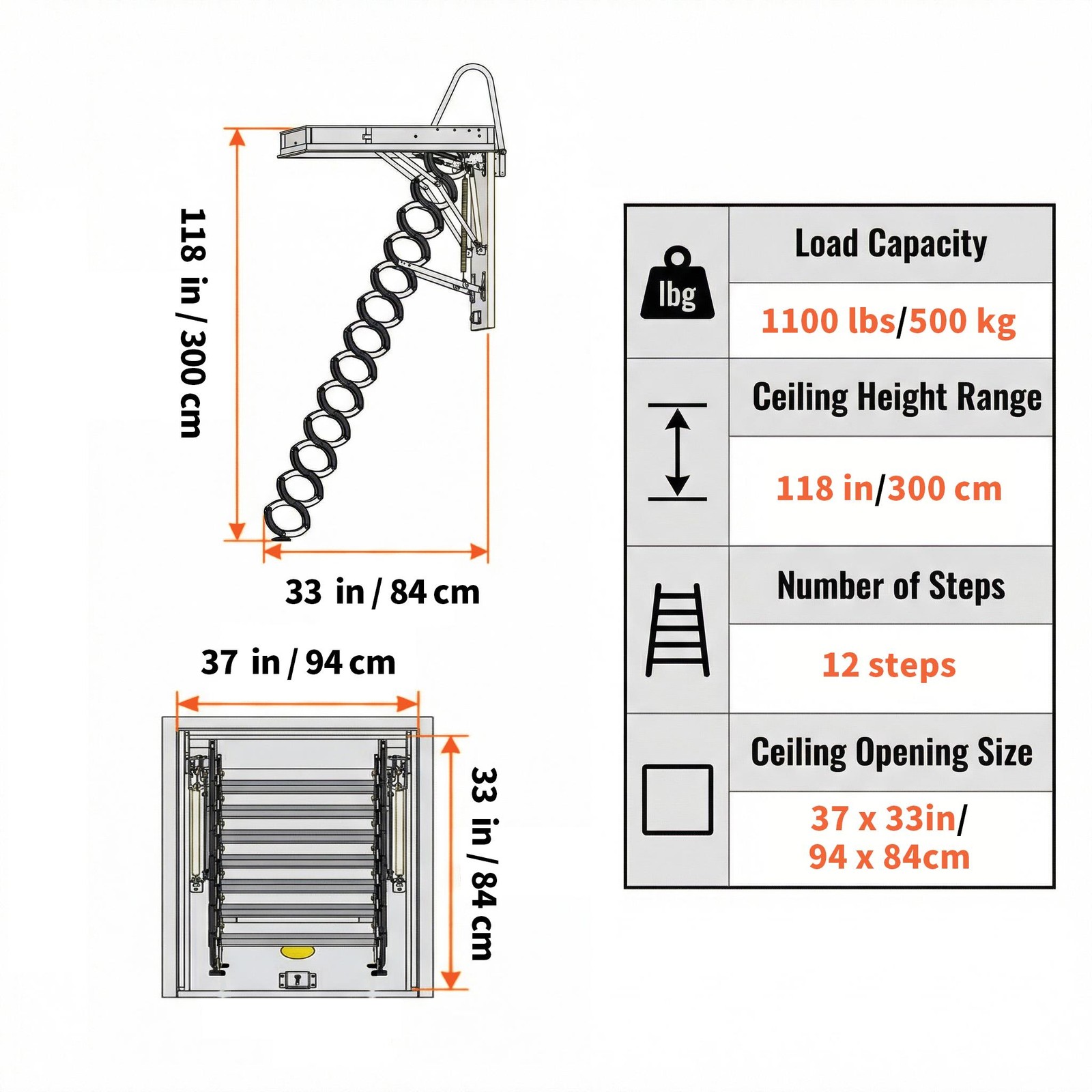 Attic Extension Stairs 12 Steps Alloy Steel 1100LBS for 15FT Ceiling for Garage gallery