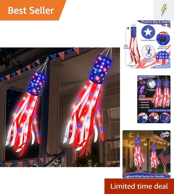 2 Pack 50 Inch Large American Flag Windsock with Lights 4Th of July Decorations, gallery