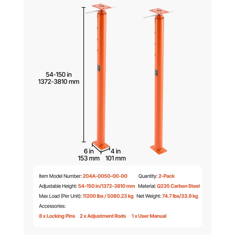 Uimoso Adjustable Floor Jack Posts for Leveling, 2PCS, Height Range 54-150 in gallery