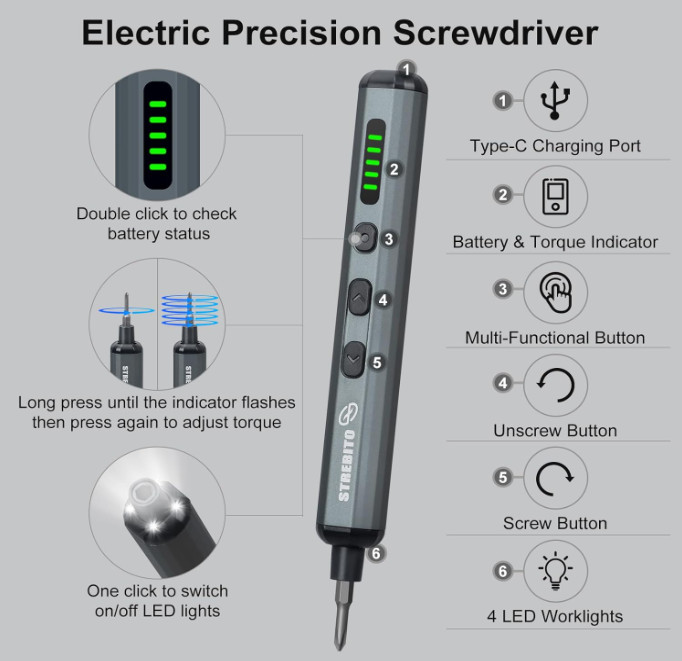STREBITO Mini Electric Screwdriver Set 70-in-1 Cordless w/ 64 S2 Bits & LED gallery