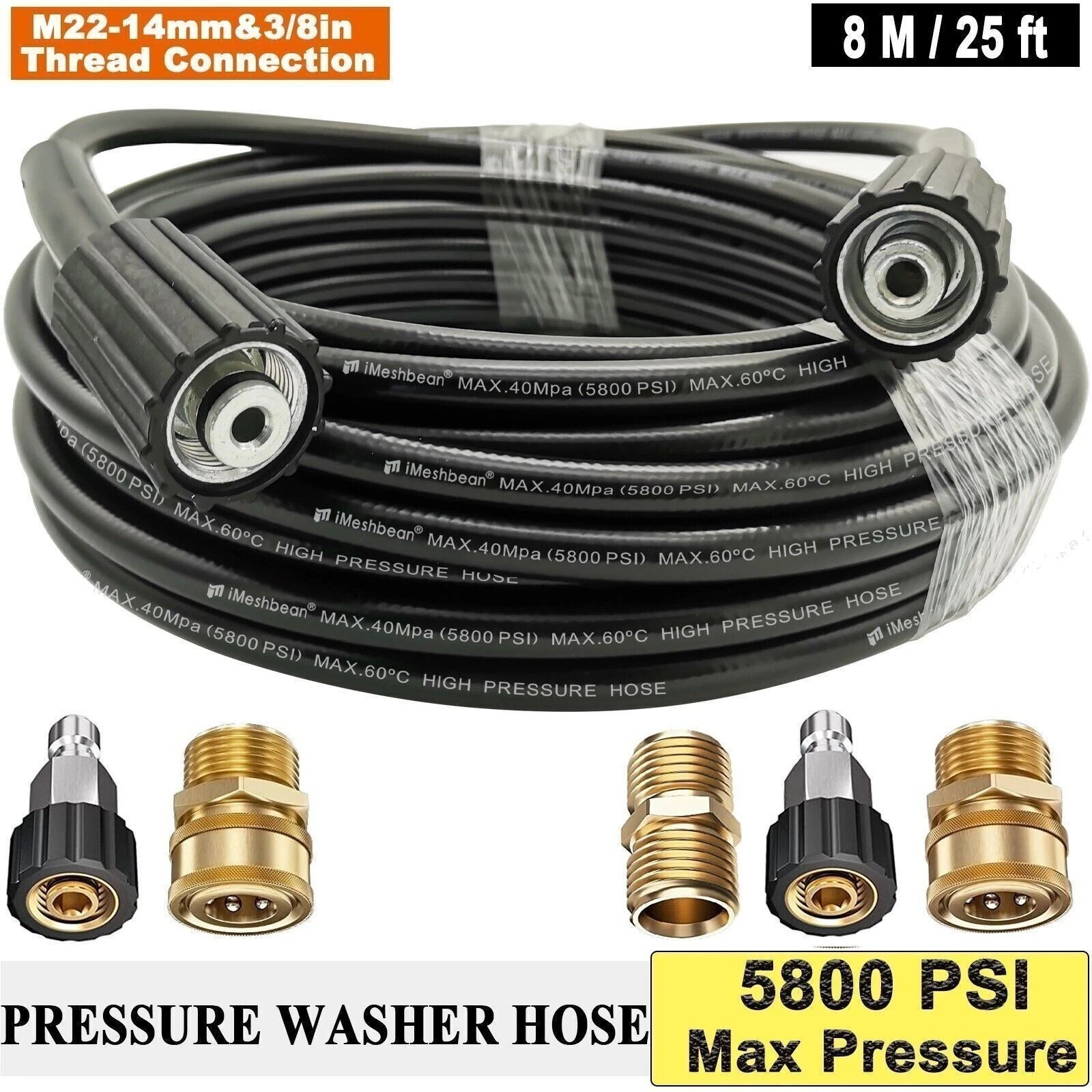 25FT 5800PSI Replacement High Pressure Power Washer Hose M22 3/8" Quick Connect- gallery