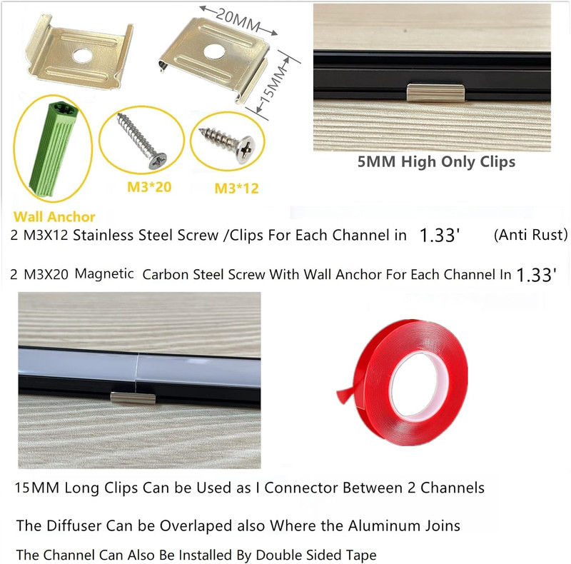 6-Pack 16-Inch U Shape Surface Mounted LED Strip Black Channel with anti UV Diff gallery