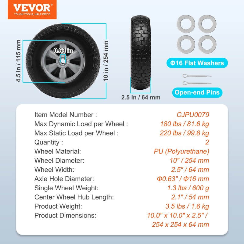 VEVOR Solid PU Run-Flat Tire Wheel Flat Free Tubeless Tire 10" 2-Pack 180 lbs gallery