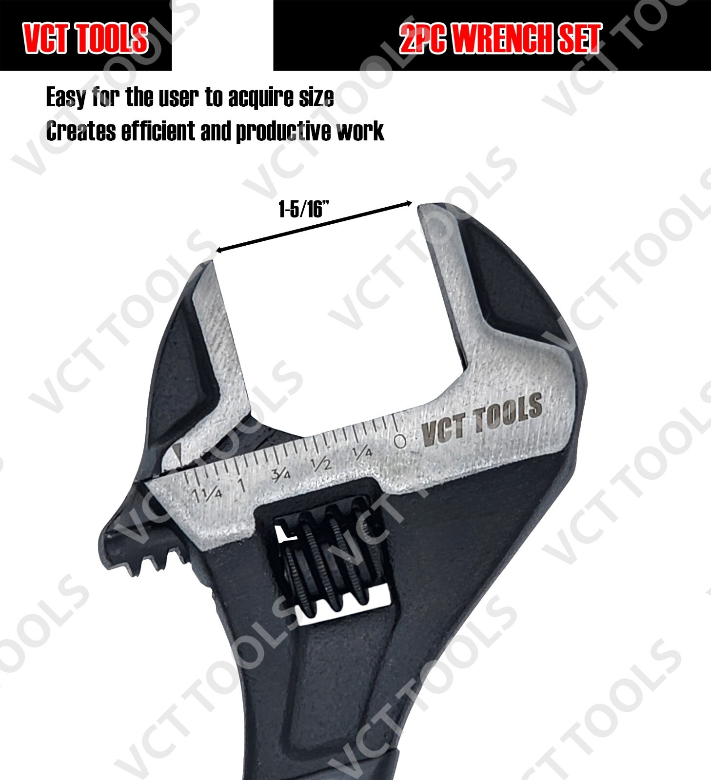 VCT 2PC Adjustable Wrench Set 6" 10" Crescent Wrench Wide Jaw Black Oxide Finish gallery